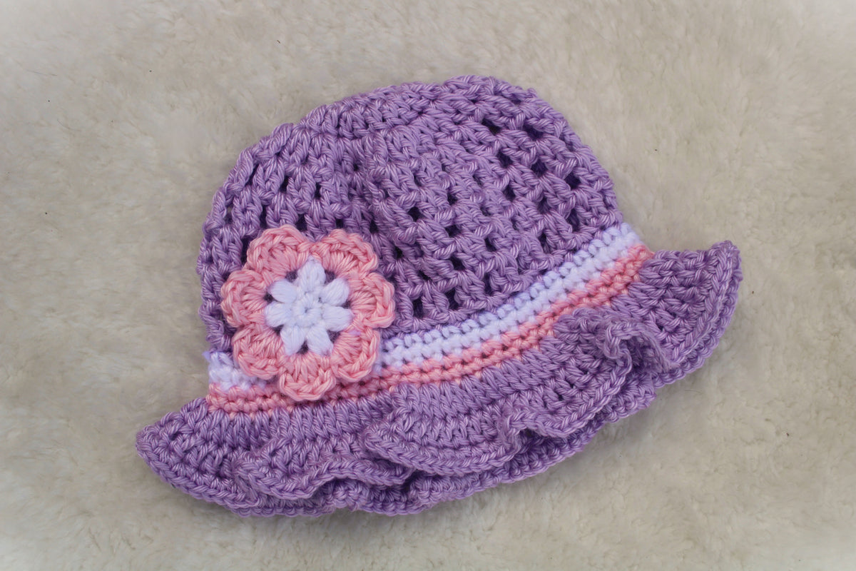 Crochet Lilac Flower Sun Hat with Ruffle Brim for Baby Girl