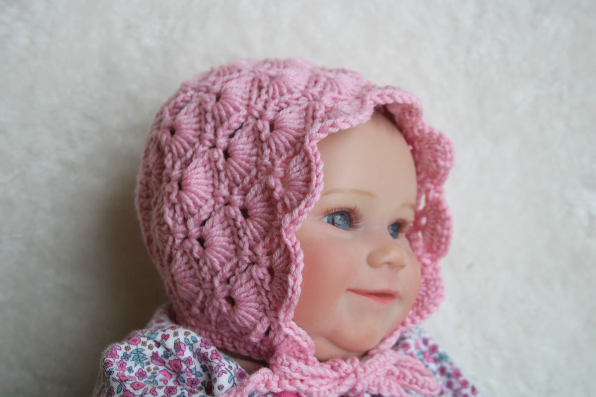Crochet Shell Stitch Pink Baby Bonnet – 0-3 Months