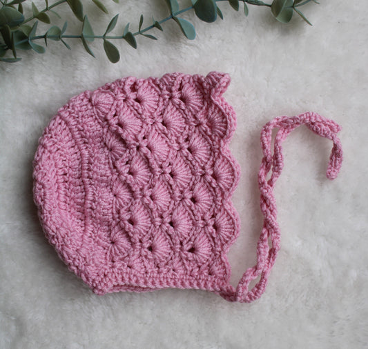 Crochet Shell Stitch Pink Baby Bonnet – 0-3 Months