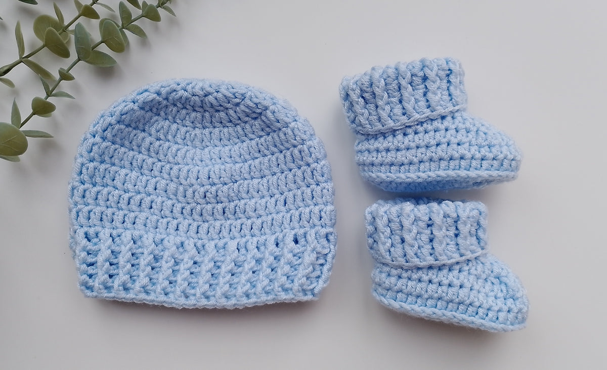 Blue Crochet Beanie Hat and Booties Set for New Baby - Ready to Post