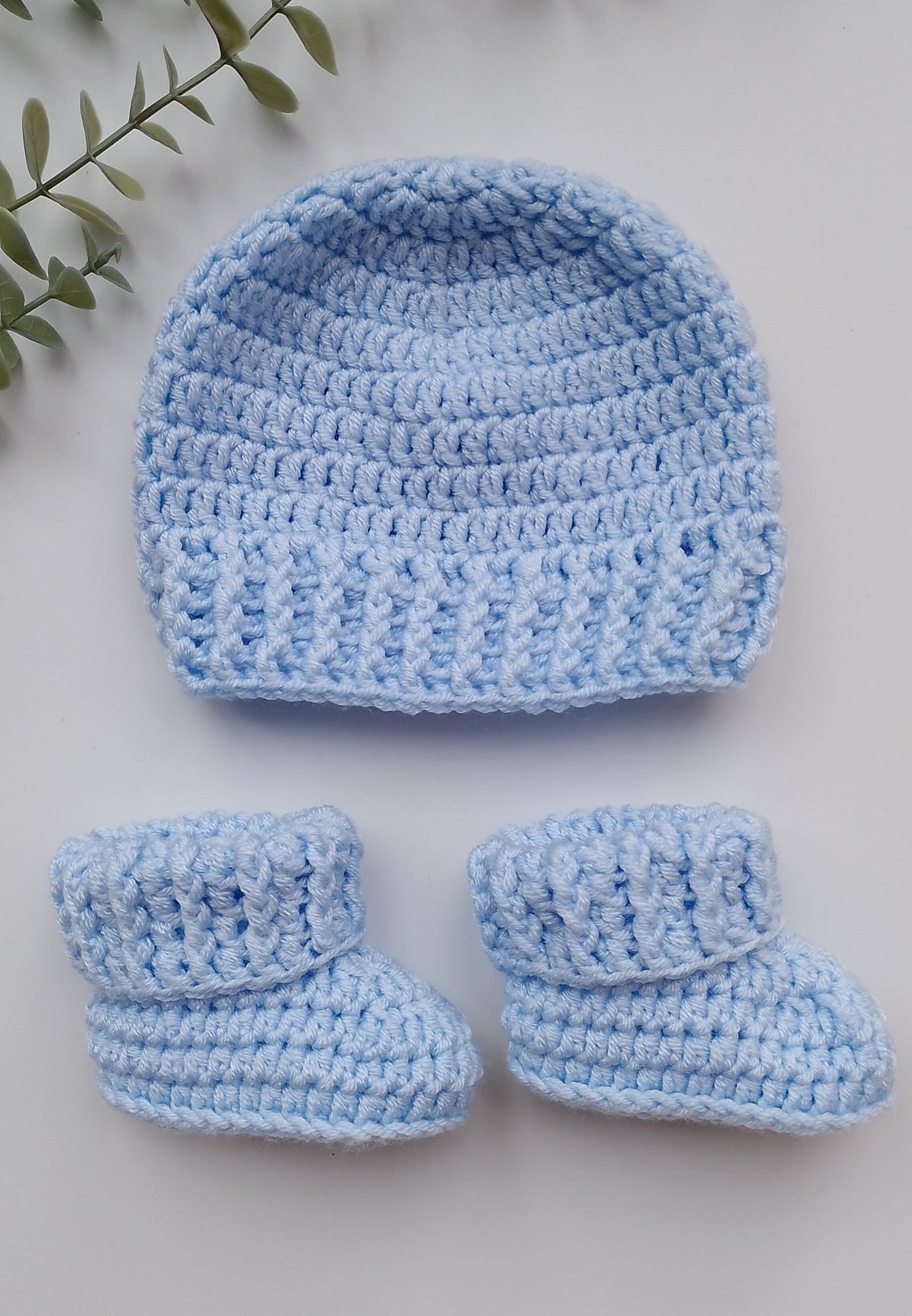 Blue Crochet Beanie Hat and Booties Set for New Baby - Ready to Post