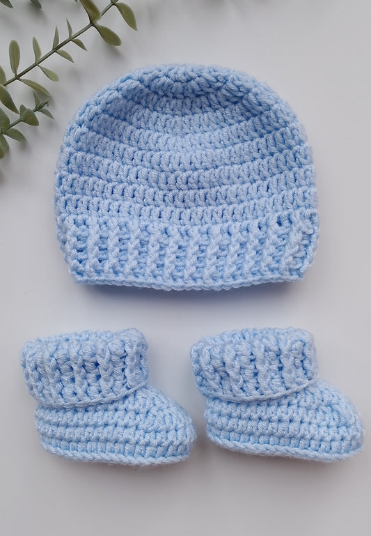Blue Crochet Beanie Hat and Booties Set for New Baby - Ready to Post