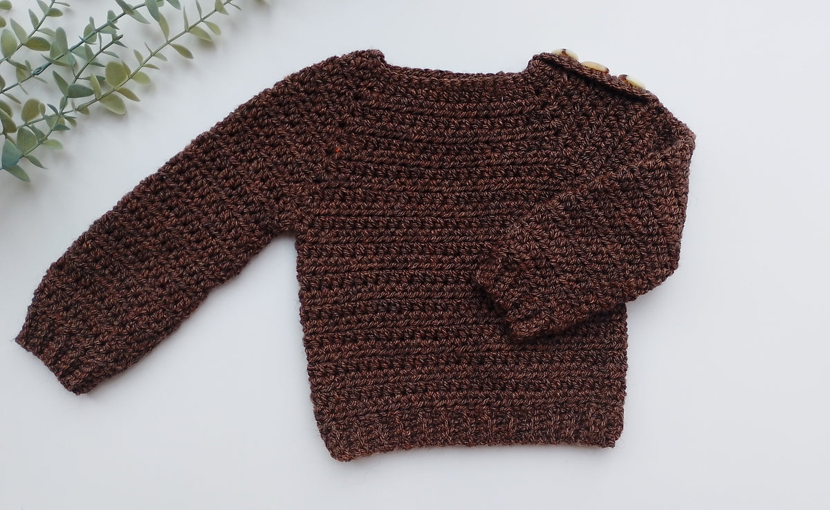 A dark brown crochet long-sleeve sweater with a ribbed crew neck and cuffs, laid flat on a white surface with a small green plant sprig in the top-left corner.