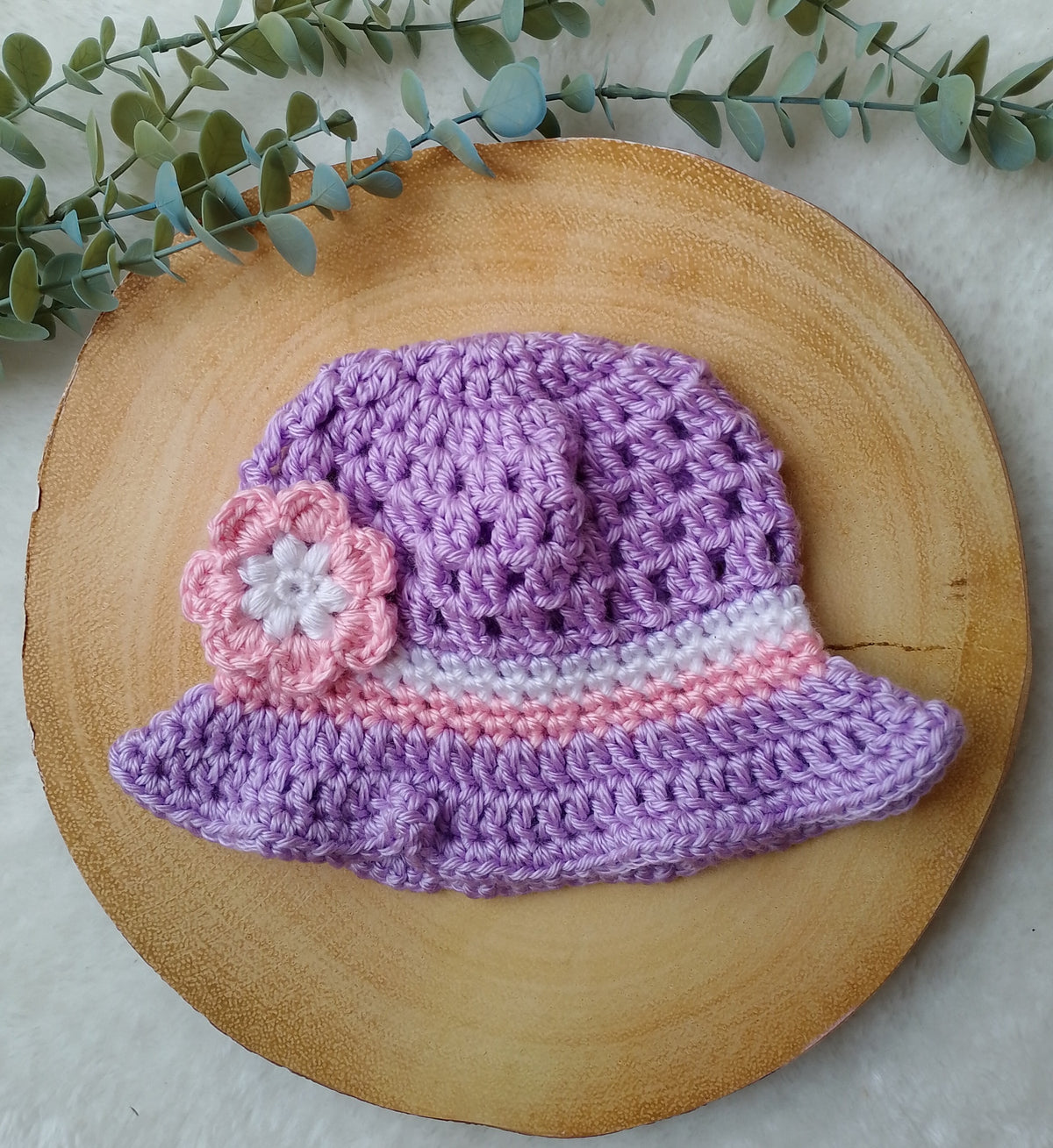 Crochet Lilac Flower Sun Hat with Ruffle Brim for Baby Girl