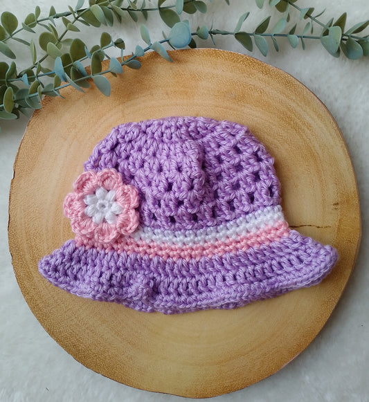 Crochet Lilac Flower Sun Hat with Ruffle Brim for Baby Girl