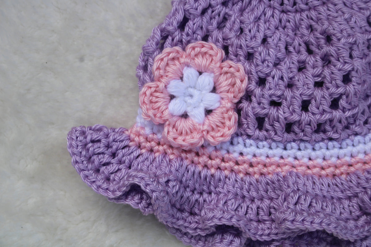 Crochet Lilac Flower Sun Hat with Ruffle Brim for Baby Girl