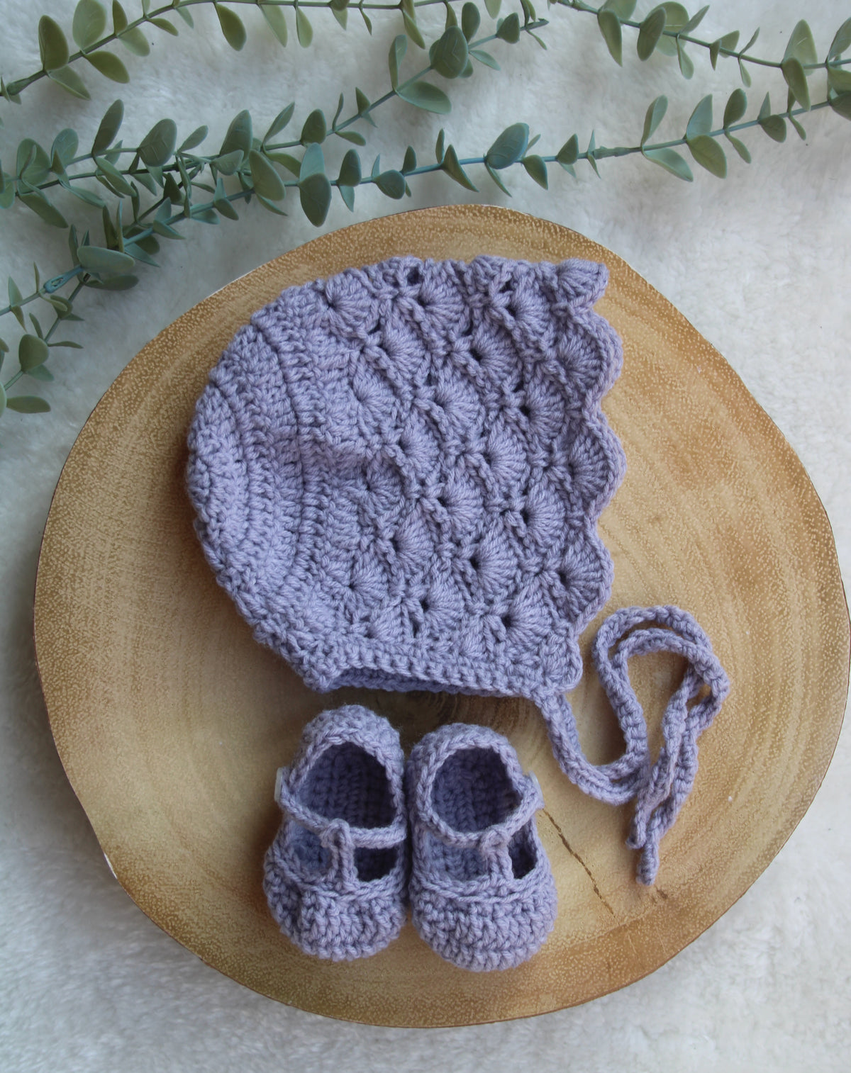 Lilac Purple Crochet Bonnet & Shoe Set – Newborn Baby Girl Gift