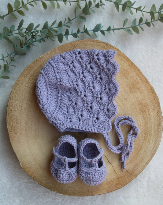 Lilac Purple Crochet Bonnet & Shoe Set – Newborn Baby Girl Gift